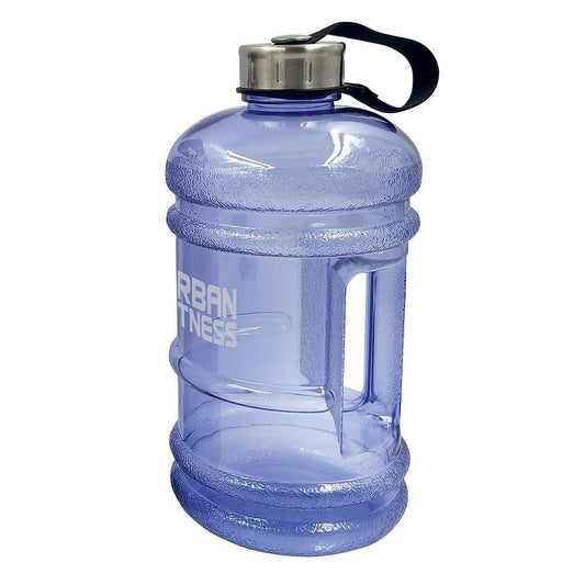 The Urban Fitness Quench 2.2L Water Bottle - Ocean Blue is a spacious, see-through blue water bottle from Urban Fitness, featuring the brand name stylishly printed on its side. Designed for safe hydration with its BPA-free material, it includes a robust handle and comes with a silver cap attached to a black strap.