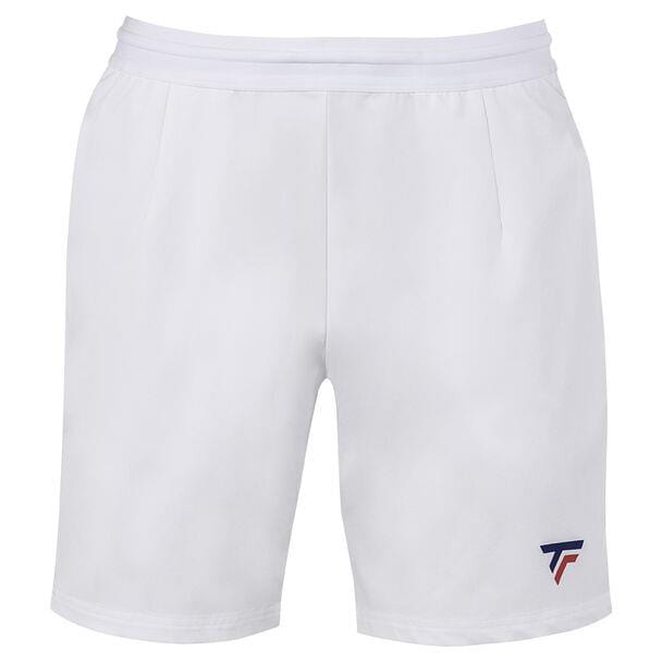 Explore the Tecnifibre Men's Team Badminton Short in white, crafted for ultimate lightness with a subtle red and blue logo on the lower left hem. These athletic shorts feature an elastic waistband and provide excellent ventilation, made from lightweight, breathable fabric.