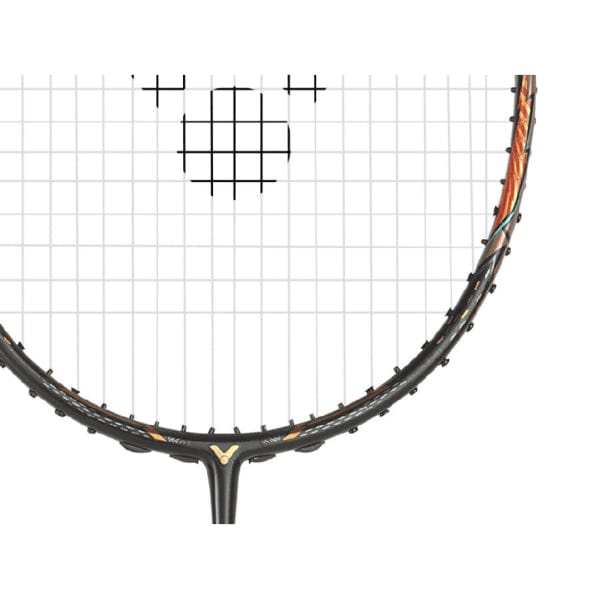 Close-up of the Victor Thruster F Ultra Badminton Racket - Moonless Night head, ideal for aggressive play, showcasing a grid of strings. The black frame with orange accents highlights the precision in the pattern of crisp, straight lines, capturing the lower half of the racket's circular shape.