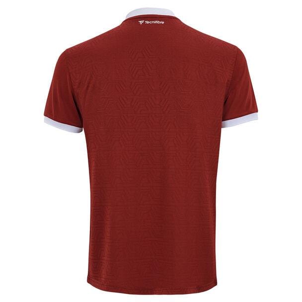 The back view of the Tecnifibre Mens Team Badminton Mesh Polo Shirt in cardinal showcases subtle geometric patterns. This shirt features short sleeves with white cuffs and a white collar, ensuring optimal breathability. The brand name "Tecnifibre" is prominently displayed at the top center near the neckline, adding to its contemporary style.