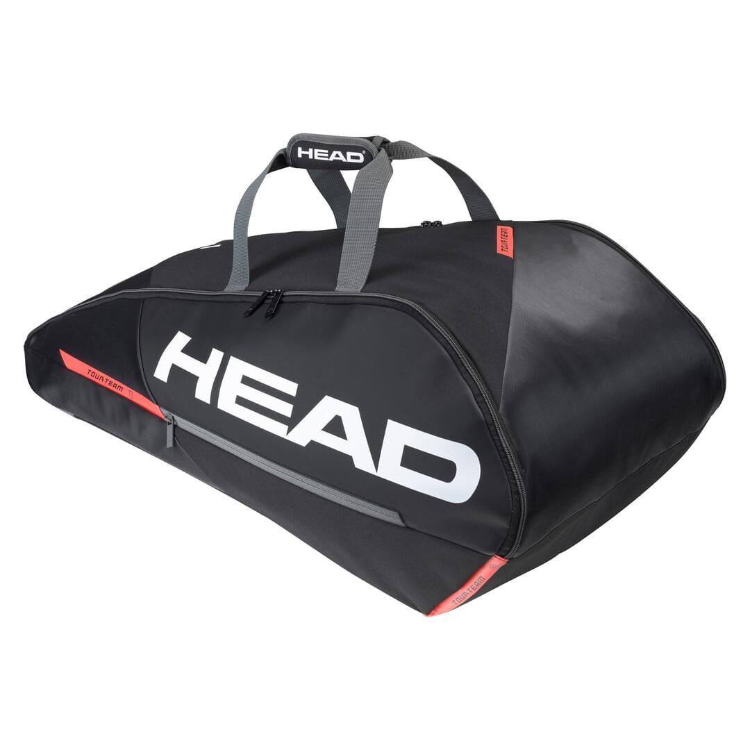 The HEAD Tour Team 9R Supercombi 9 Racket Badminton Bag boasts a stylish black design with bold HEAD branding. It includes several compartments, orange-accented straps, and advanced CCT+ climate control technology to shield your badminton rackets and gear from extreme temperatures.