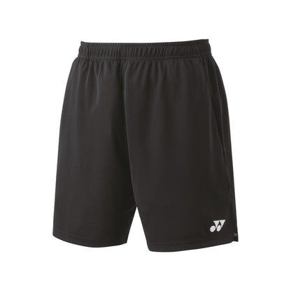 The Yonex 15170 Knit Men's Badminton Shorts in black are designed with an elastic waistband and showcase a subtle white logo near the hem. Featuring VeryCool Dry technology, they provide excellent moisture management and UV reduction. The shorts are set against a white backdrop.