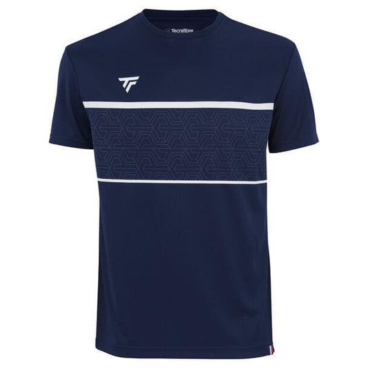 The Tecnifibre Men's Team Tech Badminton T-Shirt in marine features a geometric pattern across the chest, highlighted by two horizontal white stripes. Made from polyester knit, this athletic garment includes a small white Tecnifibre logo near the shoulder.