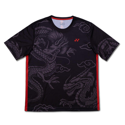 Celebrate Chinese New Year in style with the Yonex CNY2024 Fighting Dragons Men's Badminton T-Shirt - Black. This athletic tee features a breathtaking gray dragon design, complemented by striking red side panels and a discreet red logo on the chest, making it perfect for both sports enthusiasts and festive gatherings.