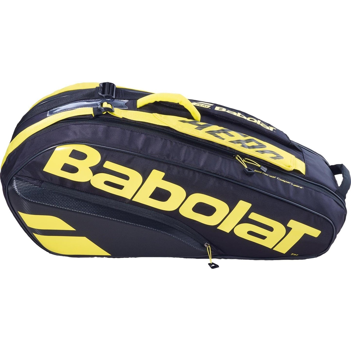 The Babolat RH6 Pure Aero 6 Racket Bag in black and yellow features multiple compartments, including an insulated section and a clear view shoe compartment, with the prominent Babolat logo adding a striking touch to its design.