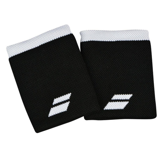 A pair of Babolat Logo Jumbo Wristbands in black and white, made from high-absorption terry material, showcases a white band at the top and the brand's distinctive logo with two diagonal lines near the bottom, capturing the signature style of Babolat.