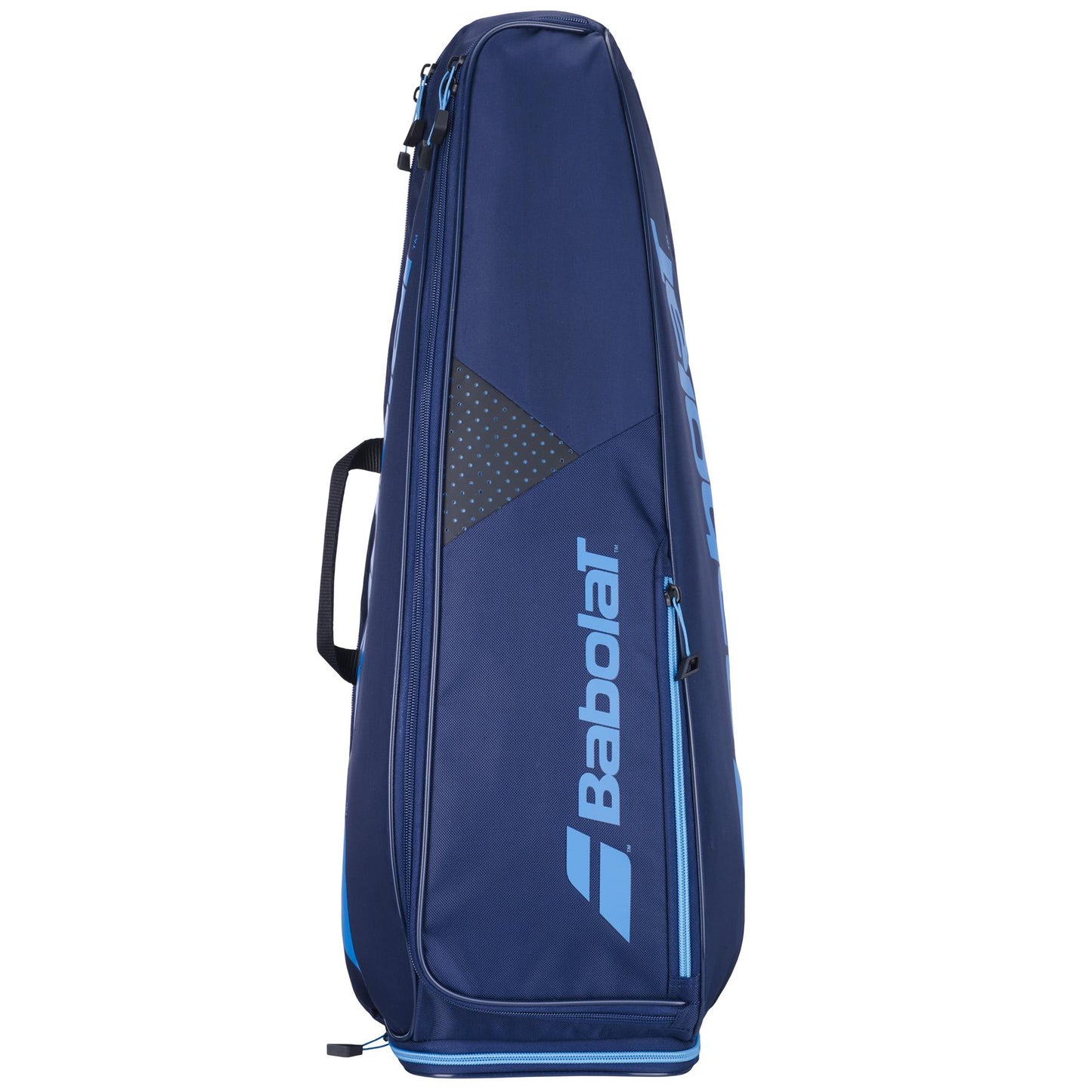 The dark blue Babolat Backrack 3 badminton bag, made from recycled polyester, features a standing design with a zipper pocket and handle.