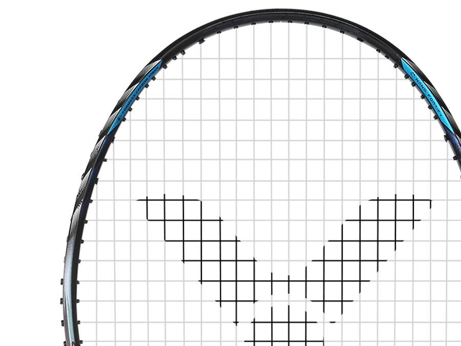 A close-up of the Victor Auraspeed HS Plus 4U Badminton Racket highlights its head, showcasing a grid string pattern and a partially visible black frame with an eye-catching large black "V" design. This racket, enhanced by WES 3.0 technology, features an anti-torsion system for added stability and includes blue detailing on its upper frame.