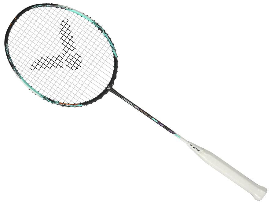 The Victor Auraspeed 90K Metallic 4U Badminton Racket in Black and Blue, by Victor, boasts a stylish black and turquoise design with a white grip and a unique black pattern on the string bed. Its construction is engineered for superior shock absorption, enhancing your game performance.