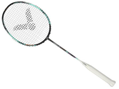 The Victor Auraspeed 90K Metallic 4U Badminton Racket in Black and Blue, by Victor, boasts a stylish black and turquoise design with a white grip and a unique black pattern on the string bed. Its construction is engineered for superior shock absorption, enhancing your game performance.