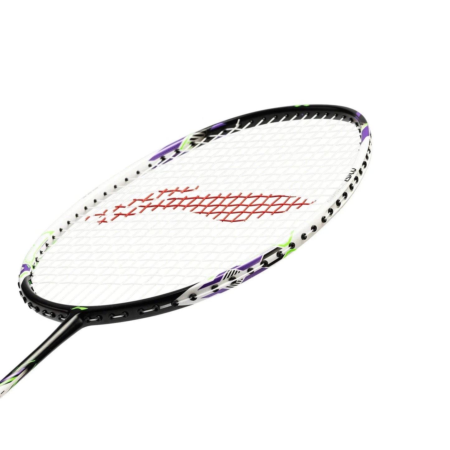 This close-up image features the Li-Ning Halbertec Motor 4U Badminton Racket - White, boasting a sleek frame in black and white with vibrant accents. Its strings create an intricate crisscross pattern against a pristine white background, highlighting its exceptional performance.