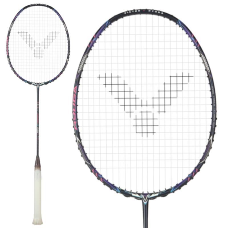 The Victor Thruster Ryuga II Pro 3U Badminton Racket in Mazarine Blue by Victor features a white grip and a distinctive black pattern on the strings, enhanced by HARD CORED TECHNOLOGY. It is shown both in full view and as a close-up of the Power Ring Pro-enhanced racket head.