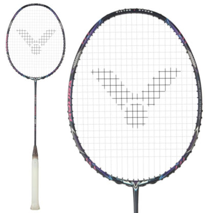 The Victor Thruster Ryuga II Pro 3U Badminton Racket in Mazarine Blue by Victor features a white grip and a distinctive black pattern on the strings, enhanced by HARD CORED TECHNOLOGY. It is shown both in full view and as a close-up of the Power Ring Pro-enhanced racket head.