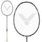 The Victor Thruster Ryuga II Pro 3U Badminton Racket in Mazarine Blue by Victor features a white grip and a distinctive black pattern on the strings, enhanced by HARD CORED TECHNOLOGY. It is shown both in full view and as a close-up of the Power Ring Pro-enhanced racket head.