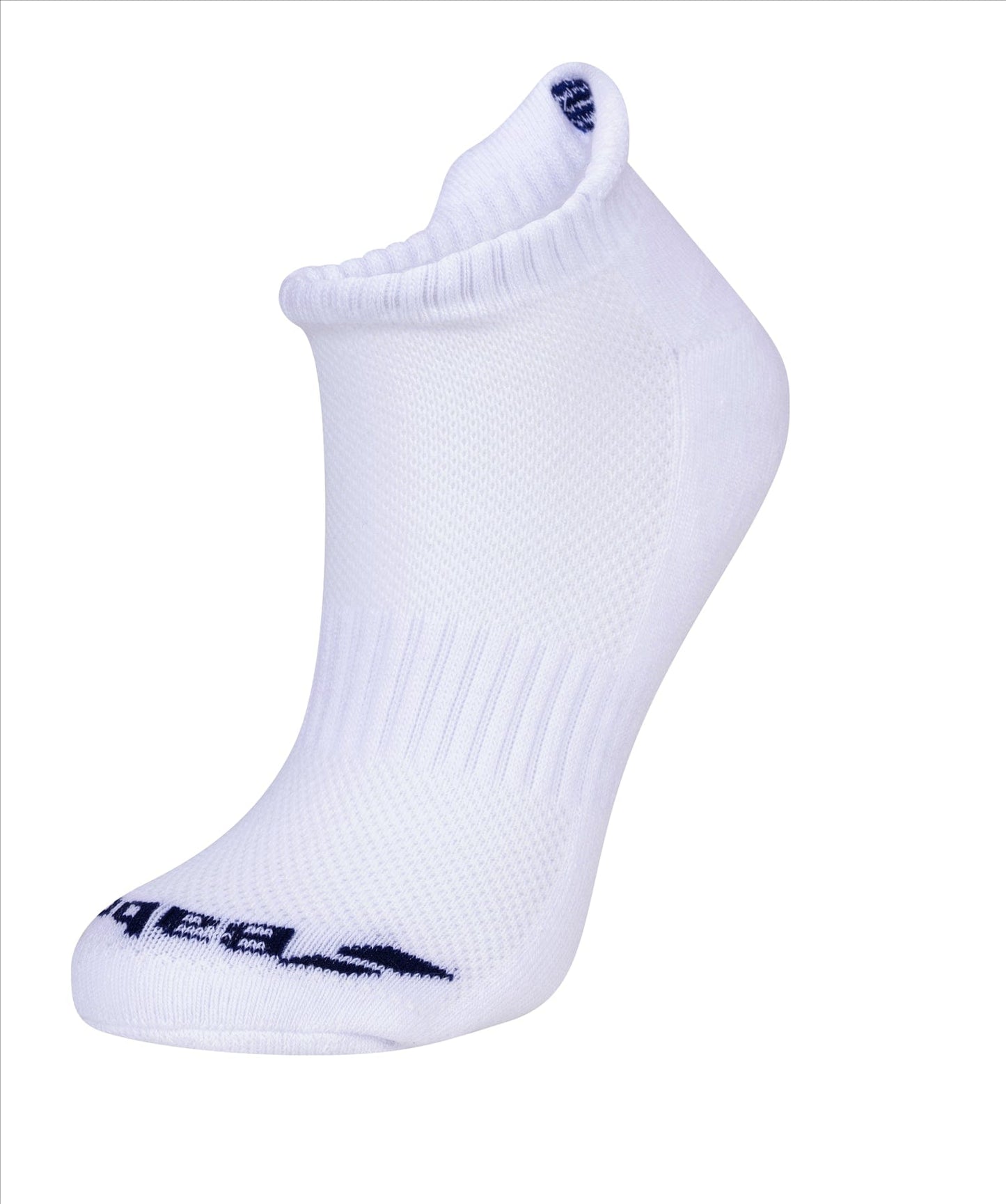 This Babolat Women's Invisible Badminton Sock from the two-pack set, showcases a ribbed texture with blue lettering on the toe area. Designed for elastic support and enhanced comfort, it features a ventilation area and is presented against a plain white background.