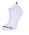 This Babolat Women's Invisible Badminton Sock from the two-pack set, showcases a ribbed texture with blue lettering on the toe area. Designed for elastic support and enhanced comfort, it features a ventilation area and is presented against a plain white background.