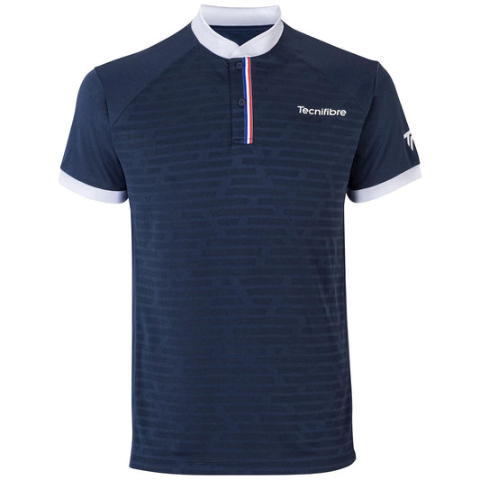 Marine Blue polo shirt expertly crafted from performance polyester with a subtle geometric pattern, complemented by a white collar and cuffs. The three-button placket features tricolour detailing. The "Tecnifibre" logo adorns the upper left chest, while a white "T" is displayed on the left sleeve. Officially named the Tecnifibre Mens F3 Polo Shirt - Marine Blue by Tecnifibre.