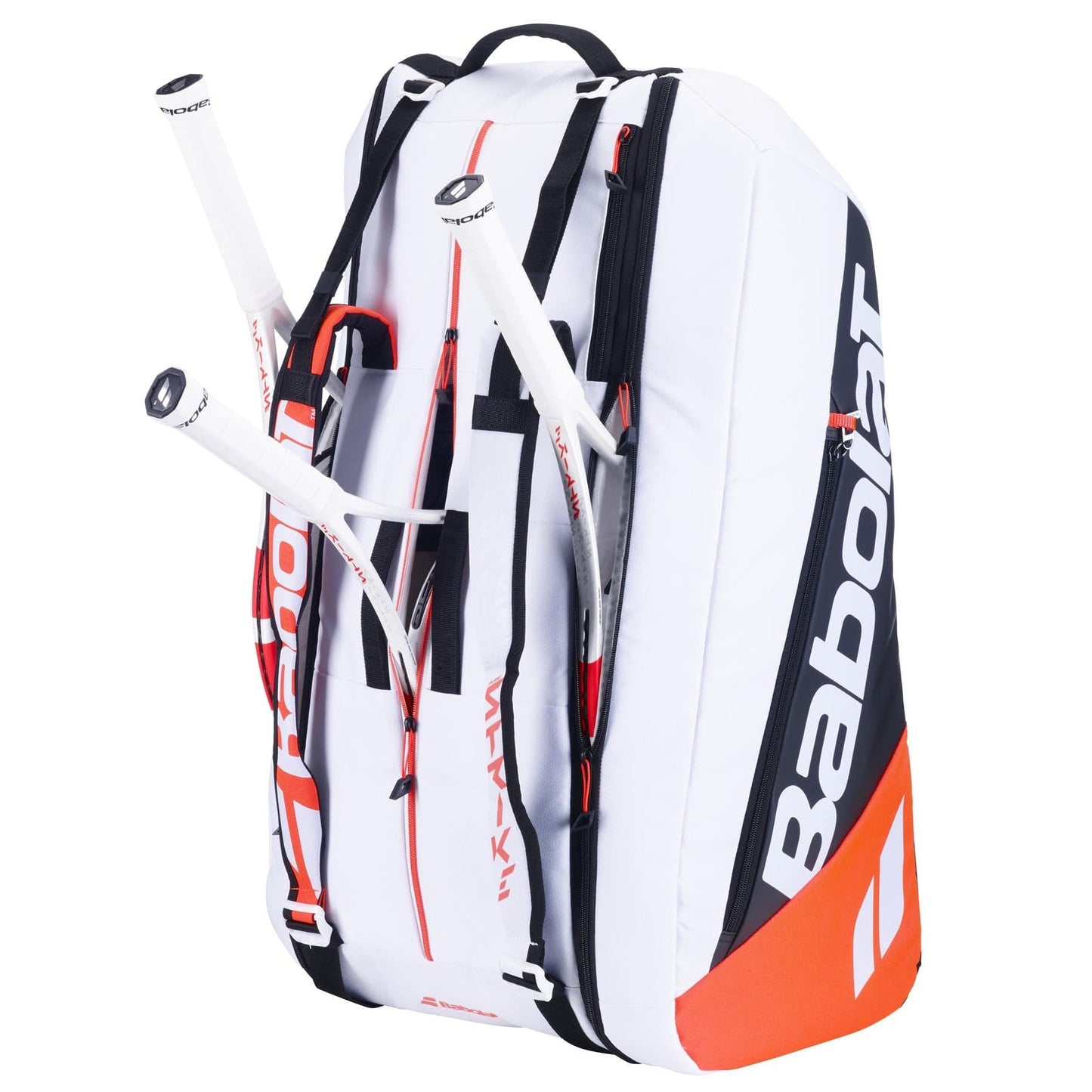 The Babolat RH12 Pure Strike 4th Gen 12 Racket Badminton Bag in white, black, and red features an innovative design with multiple compartments for two white-framed tennis rackets. Constructed with durable isothermal material, the bag securely holds the rackets in side pockets and prominently displays the Babolat logo.