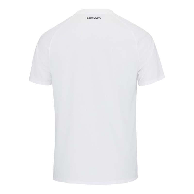 The back view of the plain white HEAD Topspin Men's Badminton T-Shirt - WHXV showcases the word "HEAD" near the neckline. This tee, designed with short sleeves and a minimalist style, incorporates Moisture Transfer Microfiber to ensure peak comfort during play.