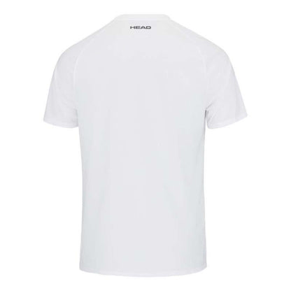 The back view of the plain white HEAD Topspin Men's Badminton T-Shirt - WHXV showcases the word "HEAD" near the neckline. This tee, designed with short sleeves and a minimalist style, incorporates Moisture Transfer Microfiber to ensure peak comfort during play.