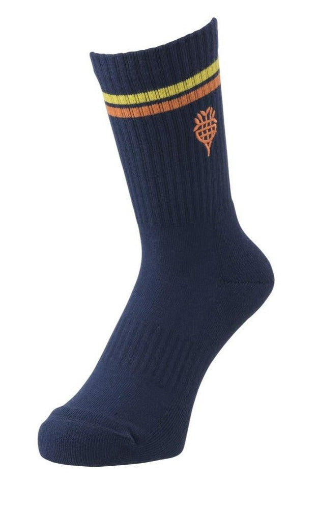 The Yonex Nature Series 19215 Badminton Socks in Midnight Navy, featuring orange and yellow stripes near the top and an orange pine cone emblem on the side, combine sustainable fashion with recycled polyester construction.