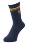 The Yonex Nature Series 19215 Badminton Socks in Midnight Navy, featuring orange and yellow stripes near the top and an orange pine cone emblem on the side, combine sustainable fashion with recycled polyester construction.