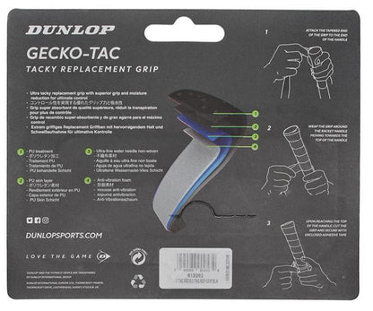 The packaging of the Dunlop Gecko-Tac Replacement Badminton Grip - Black showcases a detailed guide with illustrated steps on how to wrap your sports handle. Featuring a sleek black backdrop, it emphasizes the tacky surface technology for improved control. The package also contains a product barcode and the brand's website.