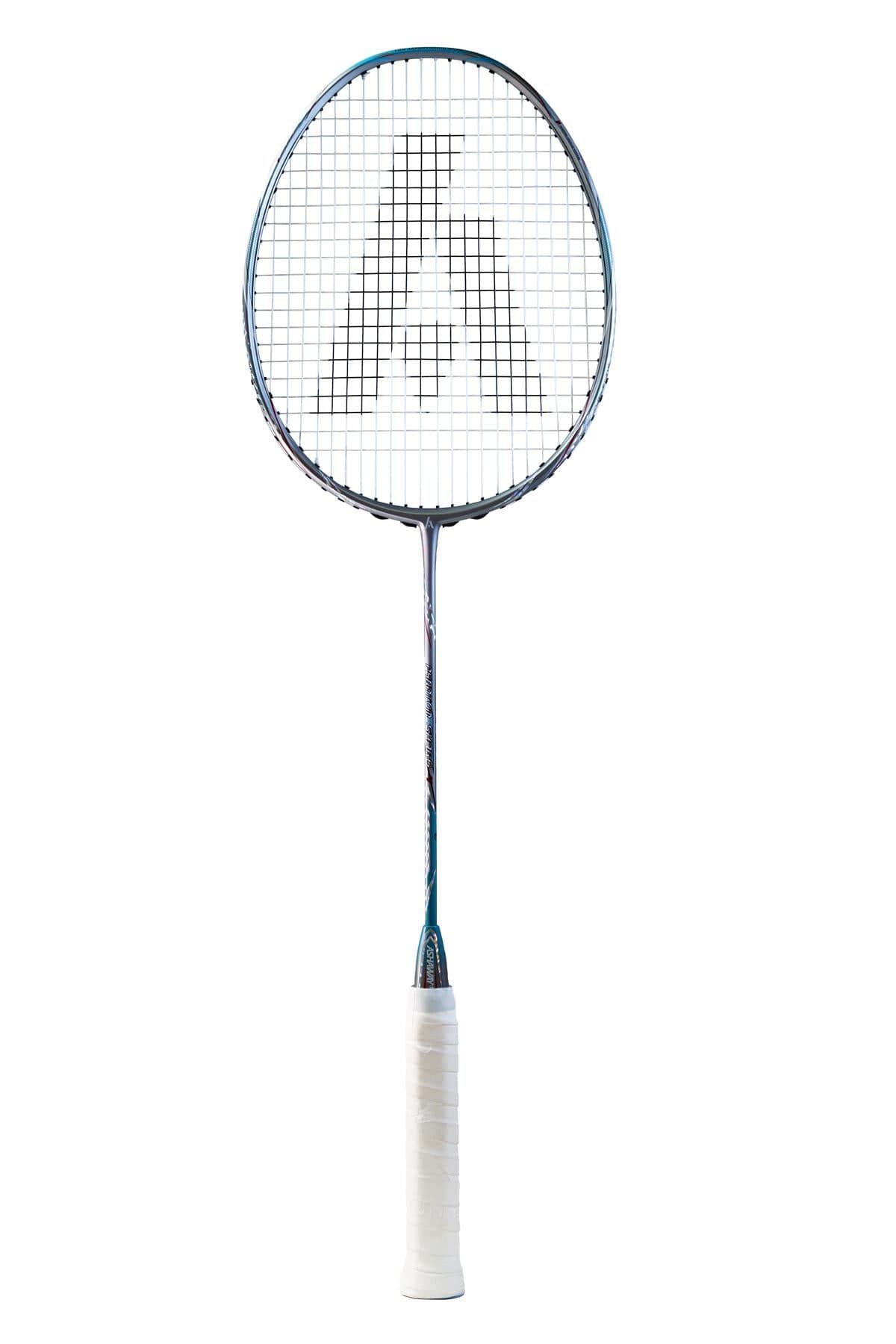 The Ashaway Phantom Shard 5 5U badminton racket features a white handle, sleek metallic frame with Shardtech technology, and a mesh head adorned with a stylized "A" design.