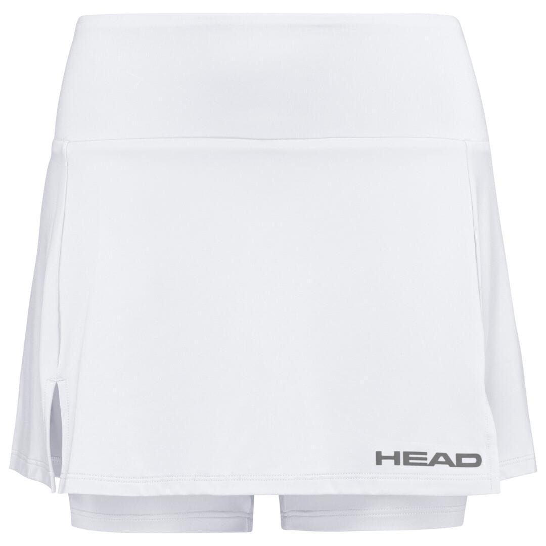 The HEAD Women's Club Basic Badminton Skort in white includes attached shorts and is made from moisture-wicking microfiber. It displays a gray "HEAD" logo on the lower right corner, with a clean design that features a subtle slit on the left side, showcasing the elegance of HEAD Sportswear.