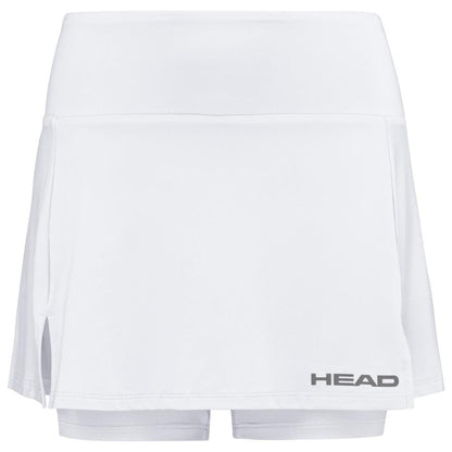 The HEAD Women's Club Basic Badminton Skort in white includes attached shorts and is made from moisture-wicking microfiber. It displays a gray "HEAD" logo on the lower right corner, with a clean design that features a subtle slit on the left side, showcasing the elegance of HEAD Sportswear.