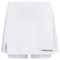 The HEAD Women's Club Basic Badminton Skort in white includes attached shorts and is made from moisture-wicking microfiber. It displays a gray "HEAD" logo on the lower right corner, with a clean design that features a subtle slit on the left side, showcasing the elegance of HEAD Sportswear.