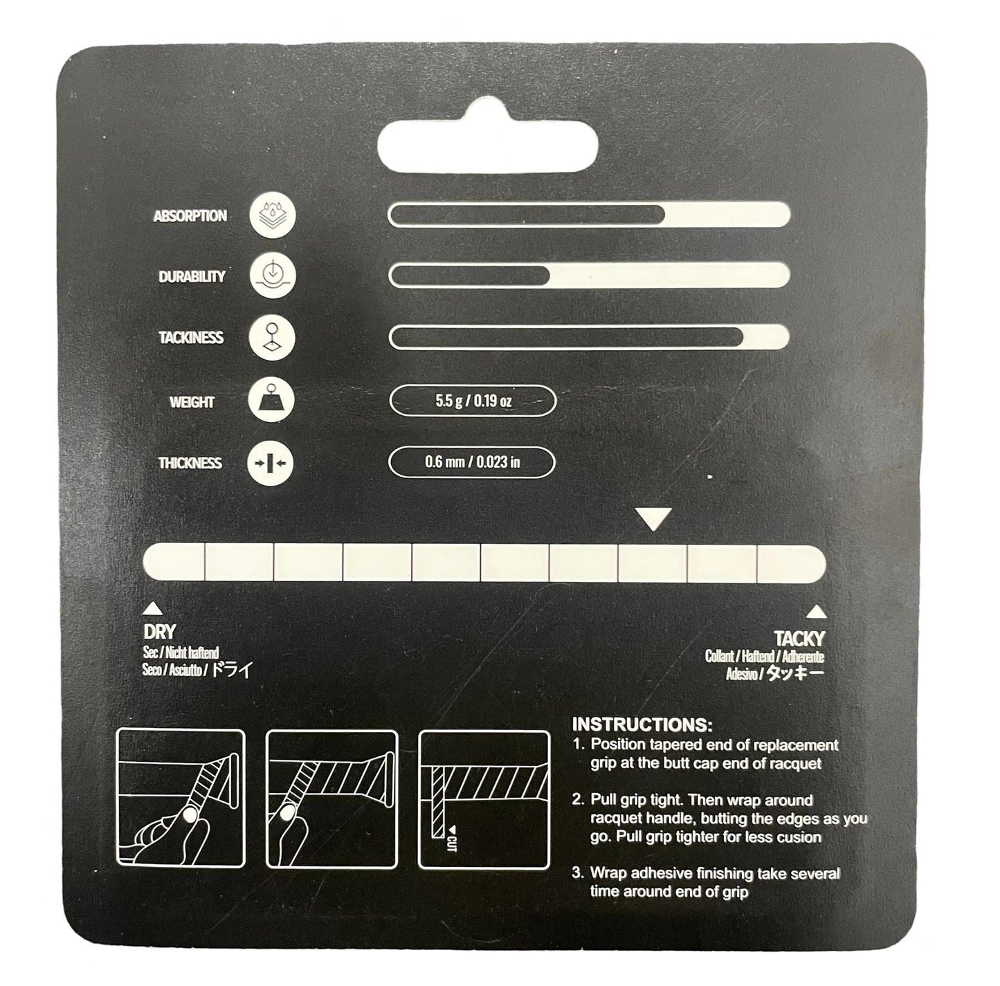 The packaging for the BadmintonHQ 3 Pack Badminton Overgrips - Black features a black and white design that emphasizes performance qualities like sweat-absorption technology and durability through bar graphics. Detailed instructions guide users on how to apply the overgrip in three simple steps, ensuring an optimal playing experience.