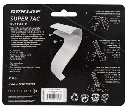 The image features the Dunlop Super Tac Badminton Overgrip in a 3-pack of white grips. It emphasizes the overgrip's tacky texture for improved handling and excellent sweat absorption. Additionally, it offers step-by-step installation instructions and comprehensive product details in multiple languages to ensure easy application on racket handles.