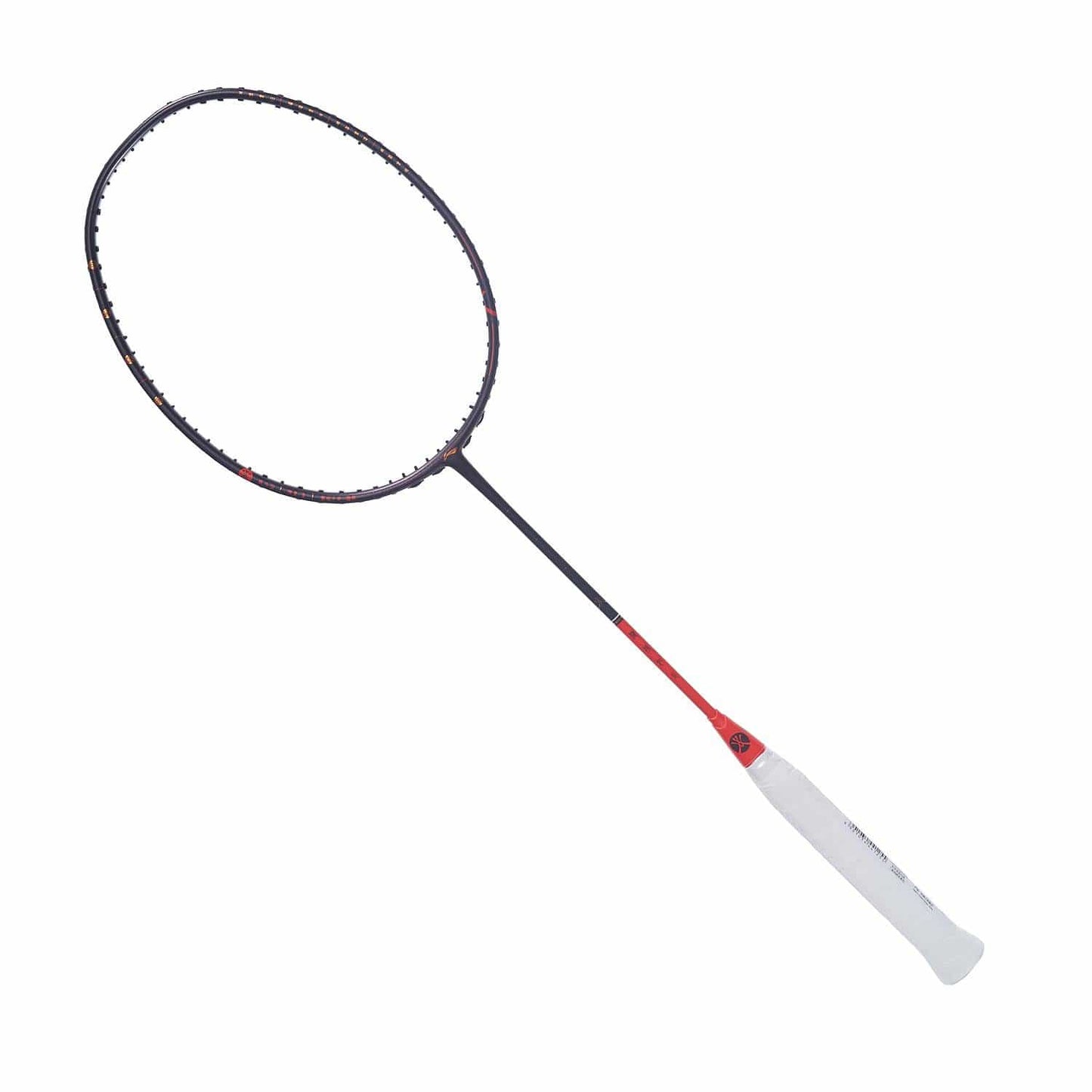 The Li-Ning Limited Edition 'Fire' 4U Badminton Racket Box Set features a bold black and red frame, constructed with the brand's MED High Modulus Carbon Fibre, complemented by a sophisticated white grip, all presented against a simple white background.