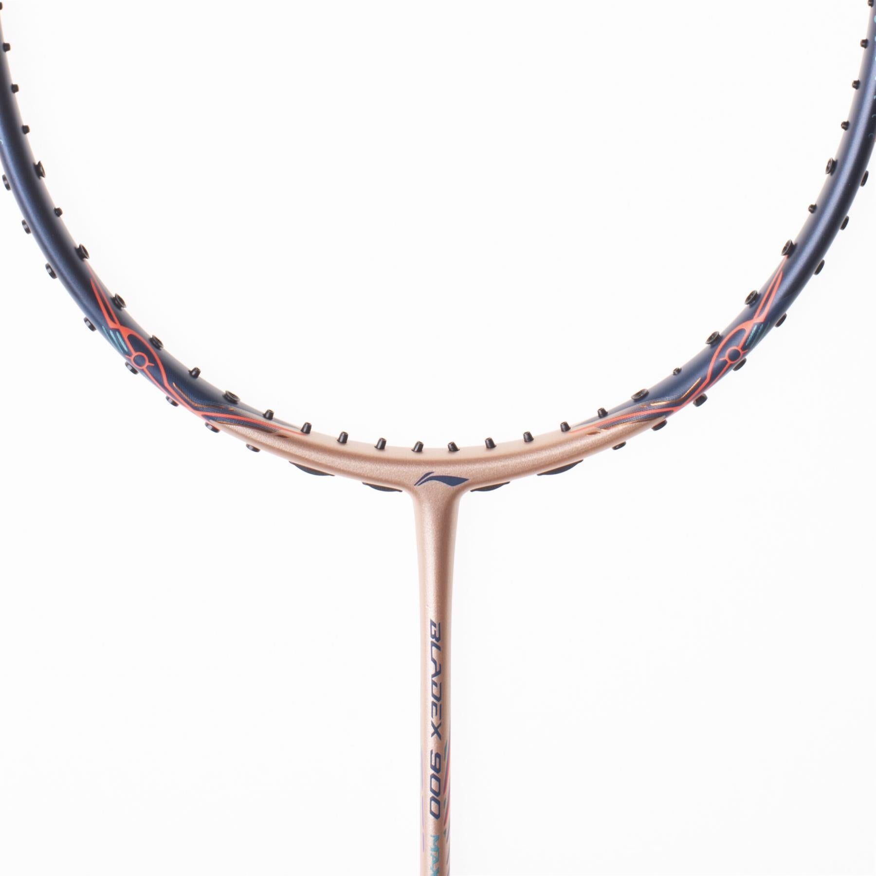 Close-up of the Li-Ning BladeX 900 Sun Max 4U Badminton Racket highlighting its sleek design with a rose gold frame. The brand label displays "Li-Ning" in black text on the shaft, offering responsive and precise control, set against a plain white background.