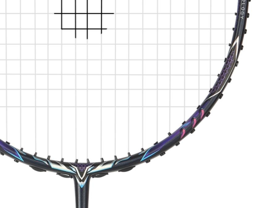 Close-up of a Victor Thruster Ryuga II Pro 3U badminton racket in Mazarine Blue, showcasing the lower part of its sleek frame and strings. The design features a sophisticated combination of black, purple, hints of blue, and pink accents, enhanced by HARD CORED TECHNOLOGY for optimal performance.