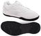 A pair of white Yonex Power Cushion Strider Ray men's badminton shoes featuring black soles. One shoe is upright, highlighting the side and top view, while the other is flipped to reveal the tread pattern of the Power Cushion sole. The Yonex logo is prominently displayed on the side.