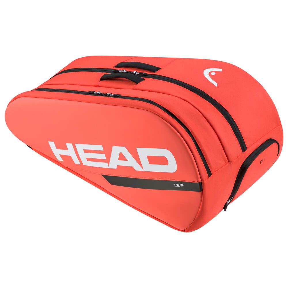 The HEAD Tour Badminton Racket Bag L in Fluorescent Orange boasts a spacious interior with a curved design. It prominently displays the large white "HEAD" and the smaller text "Tour". This bag features multiple zippered compartments, climate control technology, and a convenient carrying handle.