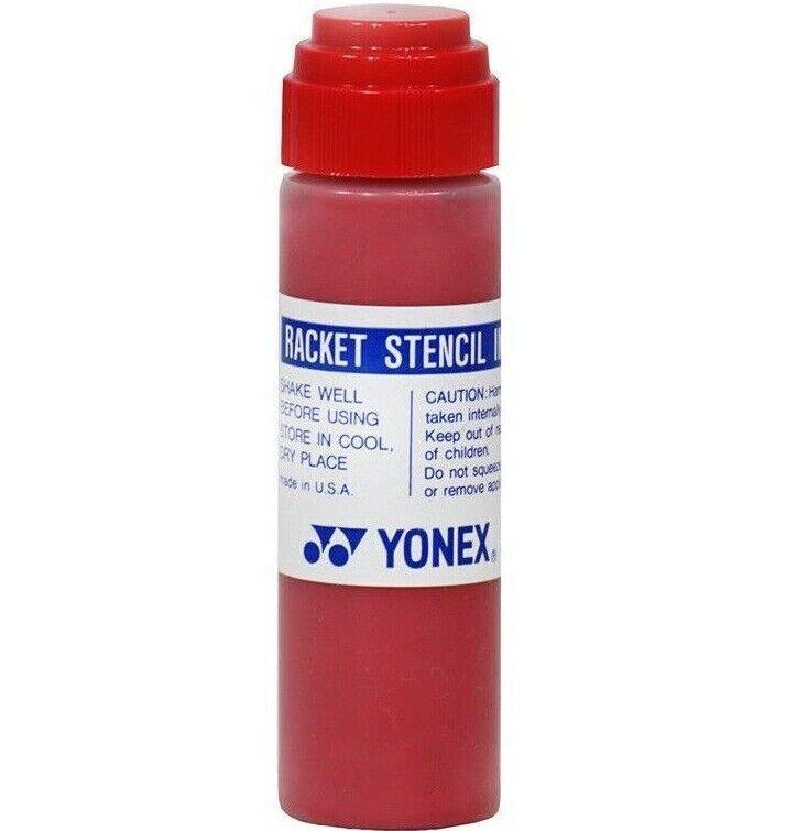 The Yonex Stencil Ink - Red bottle showcases a label with the renowned Yonex logo and usage instructions for applying it to racket strings.