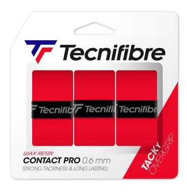 The Tecnifibre Contact Pro Badminton Overgrip - 3 Pack in red offers enhanced durability and excellent tackiness. These long-lasting grips, emblazoned with the Tecnifibre logo, are ideal for players seeking superior stability on the court.