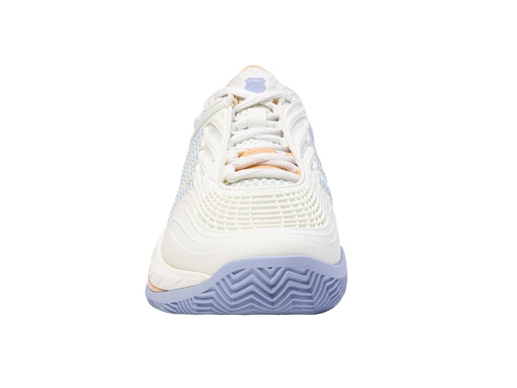 A front view of the K-Swiss Hypercourt Supreme 2 HB women's badminton shoe in star white and heather, highlighting its textured sole and intricate Durawrap X upper design. This shoe features a lace-up closure and a sleek, curved silhouette, making it perfect for both style and performance.