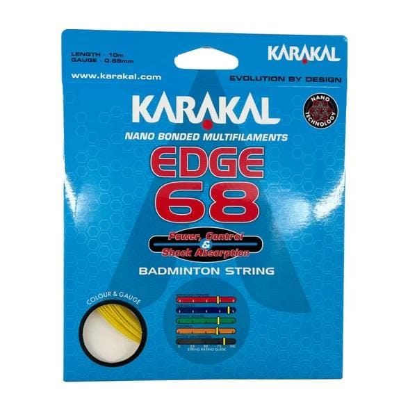 The yellow packaging for the Karakal Edge 68 badminton string from Karakal highlights Nano Technology, featuring nano bonded multifilaments that enhance power, control, and shock absorption. It indicates a string length of 10 meters and a gauge of 0.68 mm, with vibrant color options including red, blue, yellow, and black.