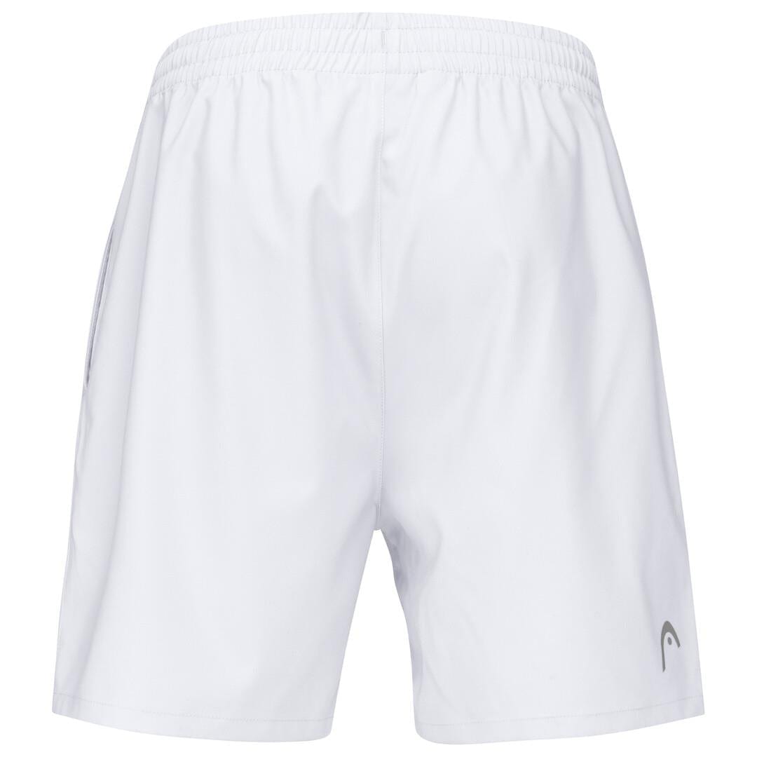 The HEAD Club Men's Shorts in white showcase an athletic design with an elastic waistband and MXM Technology to boost performance. A small HEAD Sportswear logo can be spotted on the back of the right leg near the hem, and the fabric is lightweight and breathable.