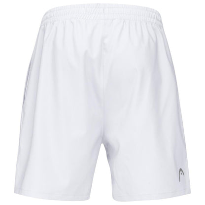 The HEAD Club Men's Shorts in white showcase an athletic design with an elastic waistband and MXM Technology to boost performance. A small HEAD Sportswear logo can be spotted on the back of the right leg near the hem, and the fabric is lightweight and breathable.