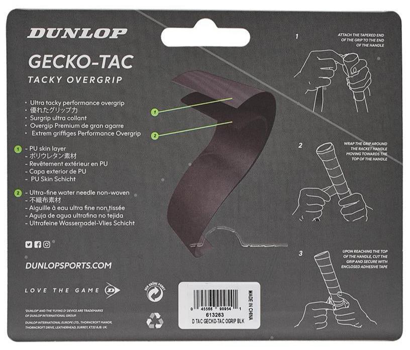 The Dunlop Gecko-Tac Badminton Overgrip - 3 Pack in black boasts tacky surface technology for improved control. It comes with installation instructions and product details in multiple languages, emphasizing its ultra tacky performance and ultra fine non-woven base. The barcode and brand website are displayed at the bottom.