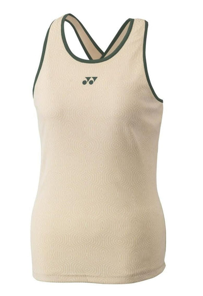 The Yonex 20757 Women's Badminton Tank Top in sand color, featuring a black trim along the edges, boasts a subtle wavy pattern design and a small logo on the chest. This stylish piece offers UV reduction, making it an excellent choice for outdoor activities.