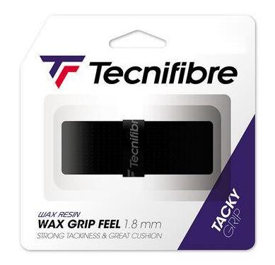 The Tecnifibre Wax Feel Replacement Badminton Grip - Black comes in a packaging that features a black grip with white lettering, emphasizing its "1.8 mm" thickness, "strong tackiness," and "great cushion." Designed with badminton players in mind, the package has an elegant look with a predominantly white background accented in purple and red.