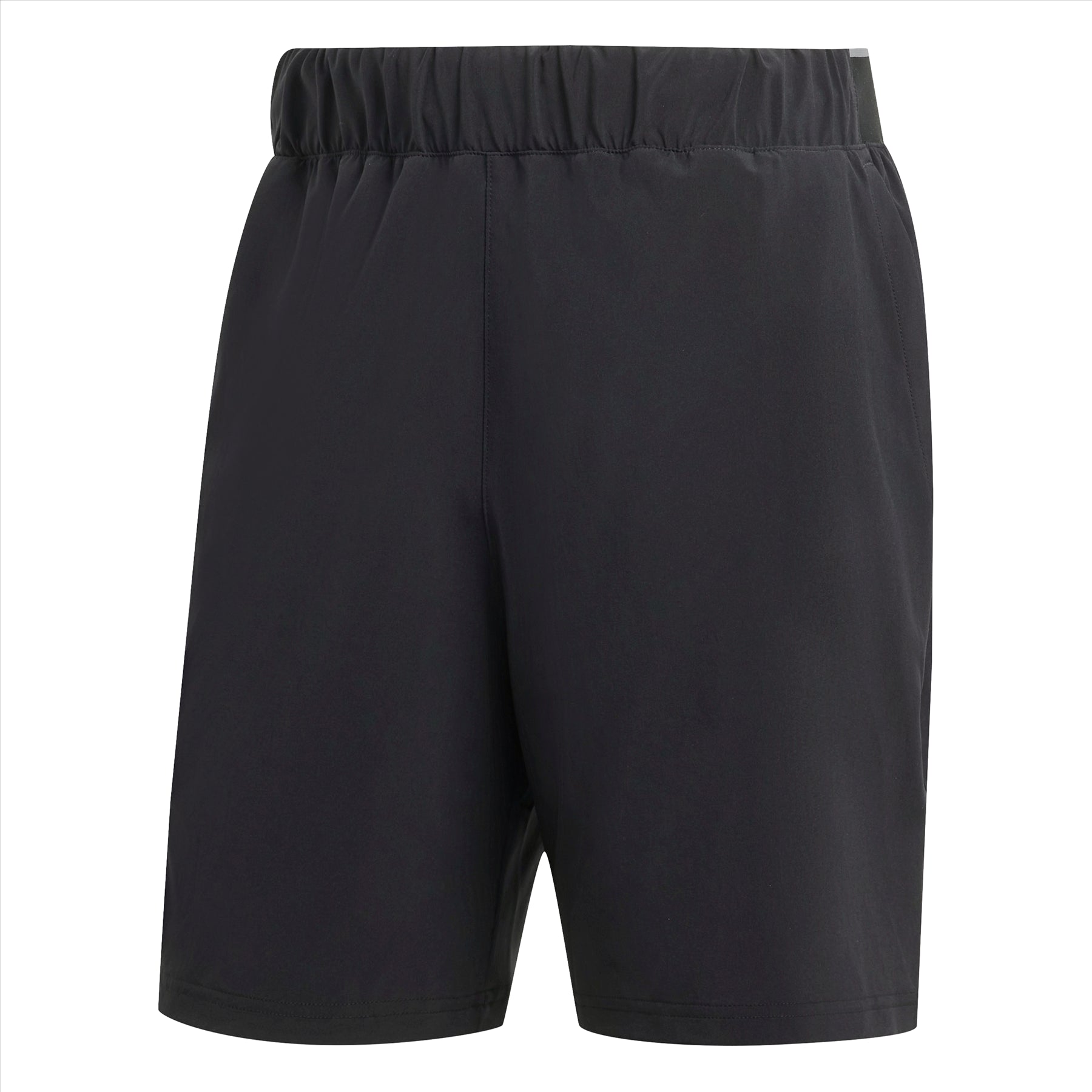 The adidas Club Stretch Woven 7" Men's Badminton Shorts in black, showcased against a white background, incorporate AEROREADY technology. They present a simple and smooth design devoid of visible logos or embellishments, offering a sleek addition to the adidas Club collection.