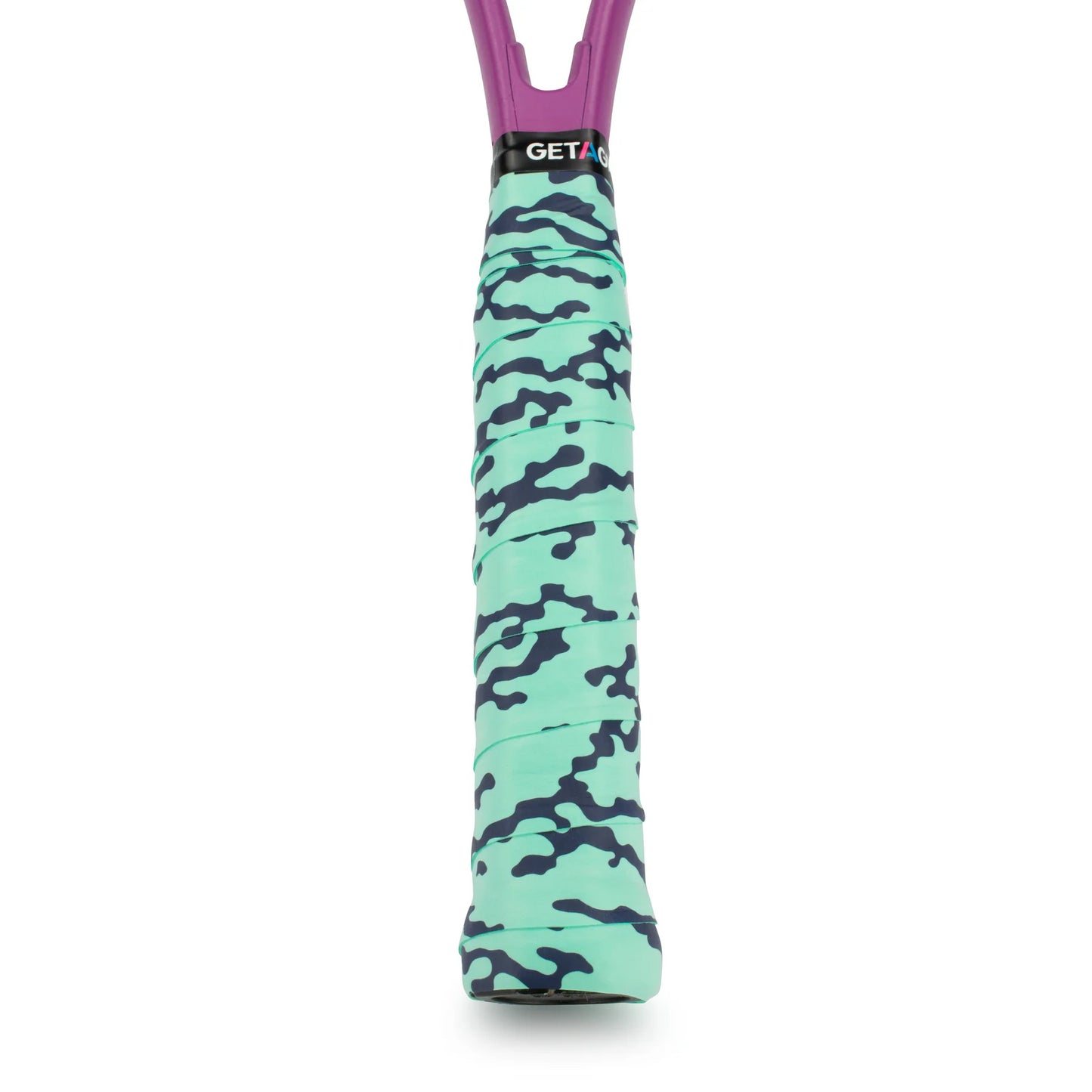 Close-up of a badminton racket handle wrapped in the Get A Grip Liquid Motion Overgrip, featuring a camouflage pattern in teal and black. The premium non-slip grip complements a purple frame, adorned with a black band displaying the "GETA" text. The background is plain white.