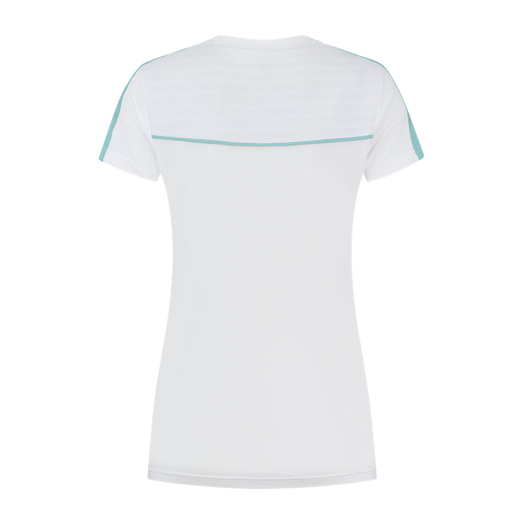 Back view of the K-Swiss Tac Hypercourt Round Neck Badminton Top 2 in white, featuring light blue accents on the shoulders and upper back. This top blends simplicity and style, making it ideal for those who prefer a sleek design. Perfect for casual activewear enthusiasts seeking a choice from K-Swiss.